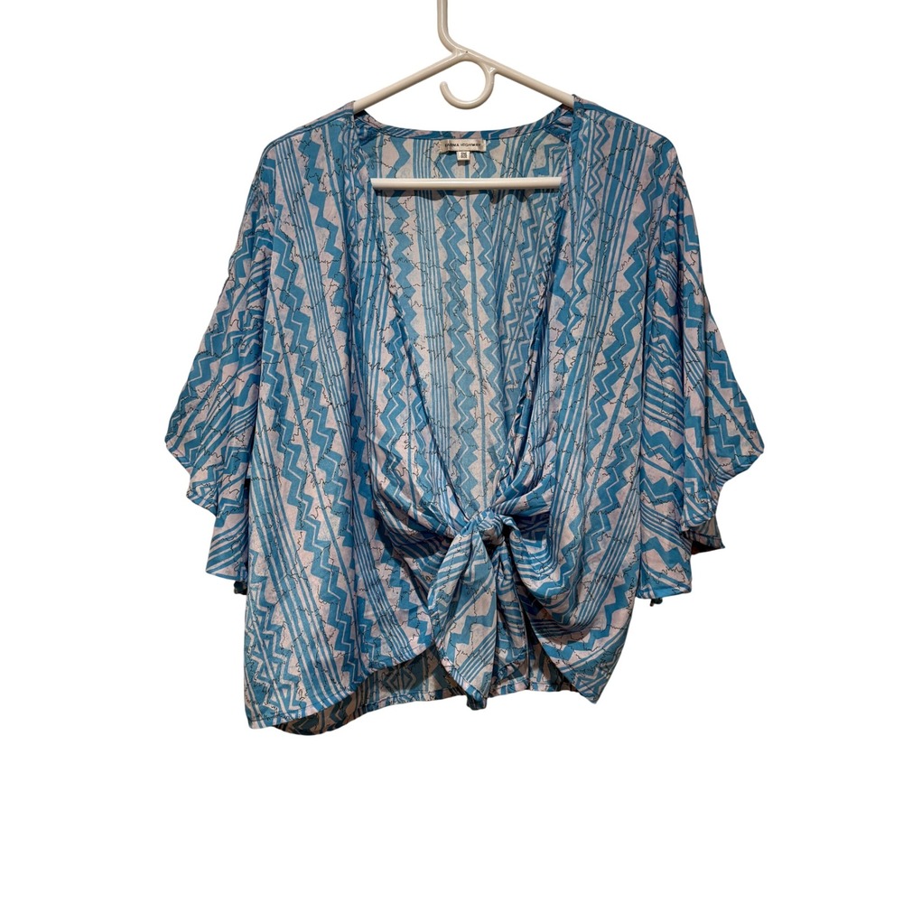 Karma Highway Blue Geometric Zigzag Tie Front Kimono Top Flutter Sleeve One Size